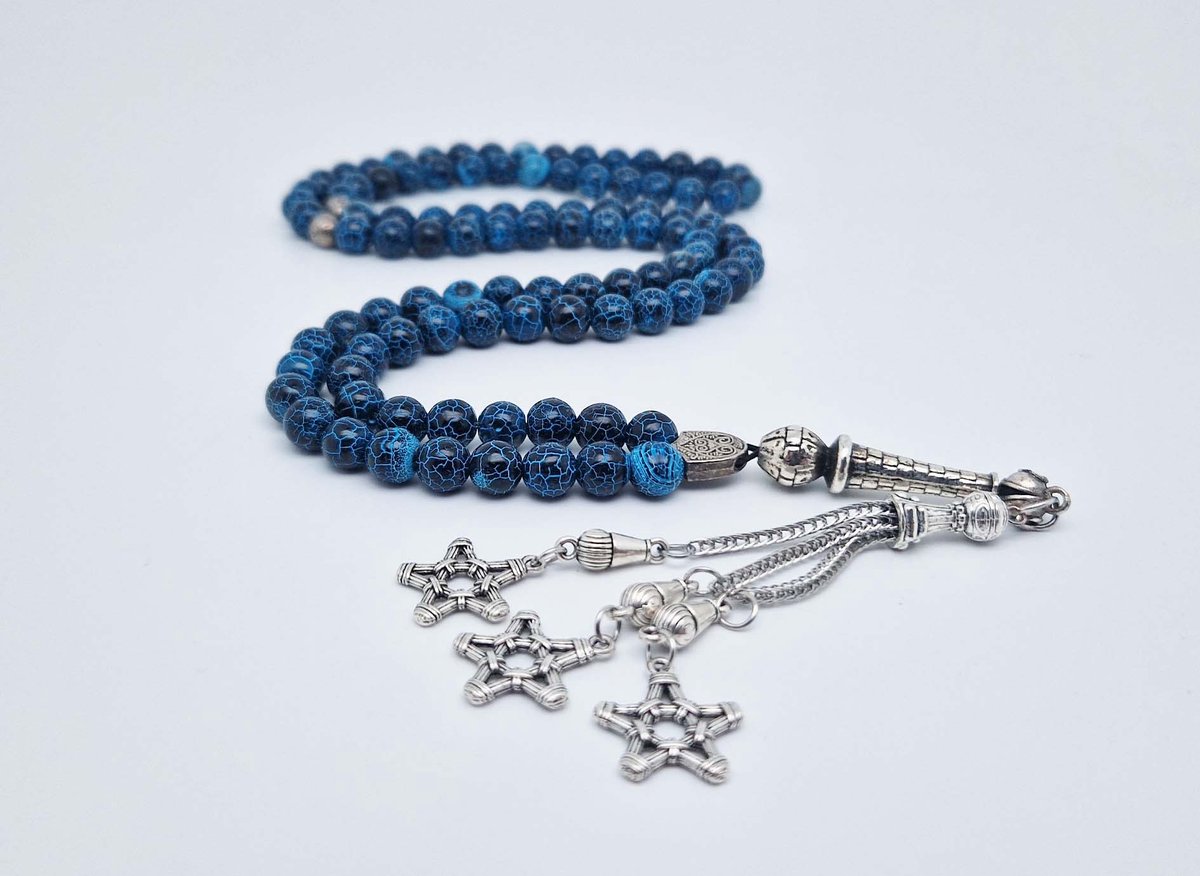 Handgemaakte tesbih "Tasbih" natuursteen " Blauwe harmonie" - Aantal kralen 99 - Diameter kralen 8MM - met metaal tassel "Grote sterren" - Een mooi cadeau-idee