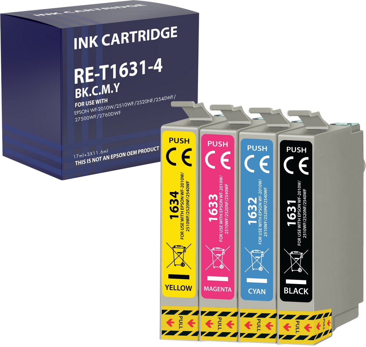 Inktcartridge geschikt voor Epson 16 16XL compatibel Epson WorkForce WF-2510 WF2530 WF-2630 WF-2650 WF-2750 WF-2760 WF-2010 WF-2110 WF-2500 WF-2700 WF-2520 WF-2540 WF-2660 - Pack 1 Zwart 1 Cyaan 1 Magenta 1 Geel