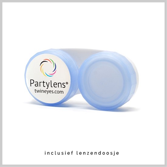 Blauw Partylens lenzendoosje met tekst inclusief lenzendoosje.