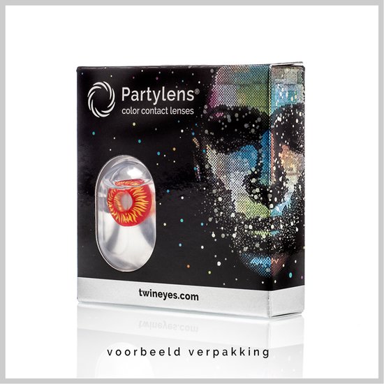 Partylens verpakking met een rood-gele contactlens en tekst voorbeeld verpakking.