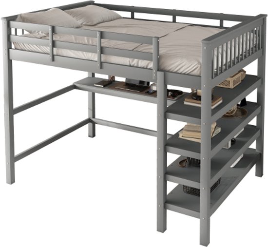 Grijze hoogslaper met bureau en opbergplanken, opgemaakt bed.