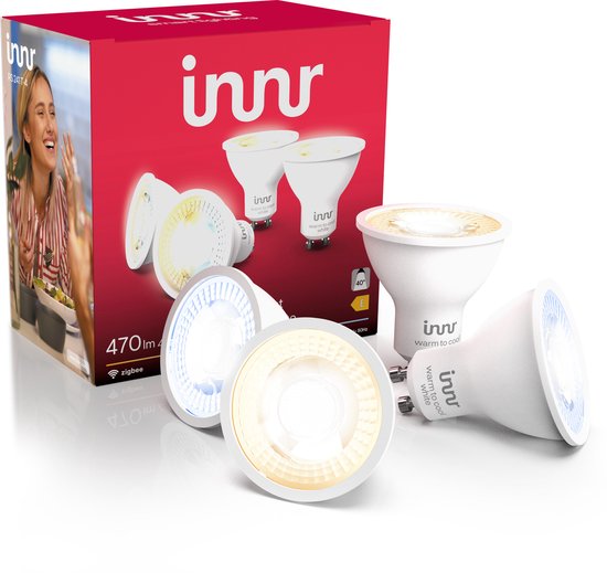 Innr smart GU10 LED lamp – geschikt voor Philips Hue – Zigbee LED spot – warmwit tot koelwit licht – slimme lamp – dimbaar – 470 lumen – 4 pack