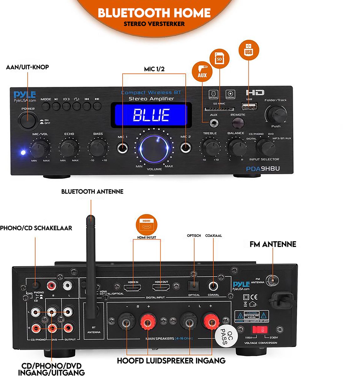 Pyle Bluetooth Versterker - Karaoke Draadloze Audioversterker - 4-Kanaals Stereo Audio Thuisbioscoop Luidspreker - Geluid Vermogensontvanger met AUX IN, FM, RCA - Subwoofer Luidsprekers