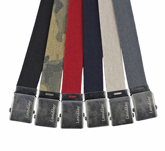 Zes Landley canvas riemen in verschillende kleuren: zwart, camouflage, rood, marineblauw, beige en grijs, elk met een metalen schuifgesp.