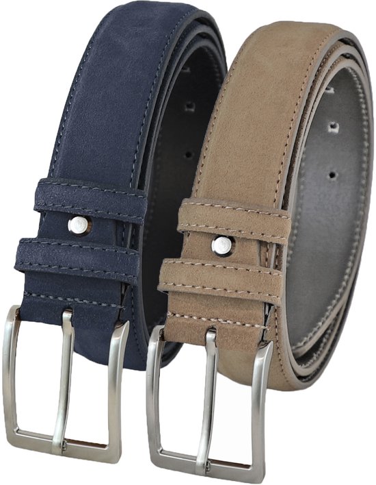 Set de Ceintures de Pantalon en daim Landley - Pack duo de Ceintures pour hommes en cuir suédé - Cuir - Blauw et taupe - Longueur totale 110 cm / Taille de ceinture 95