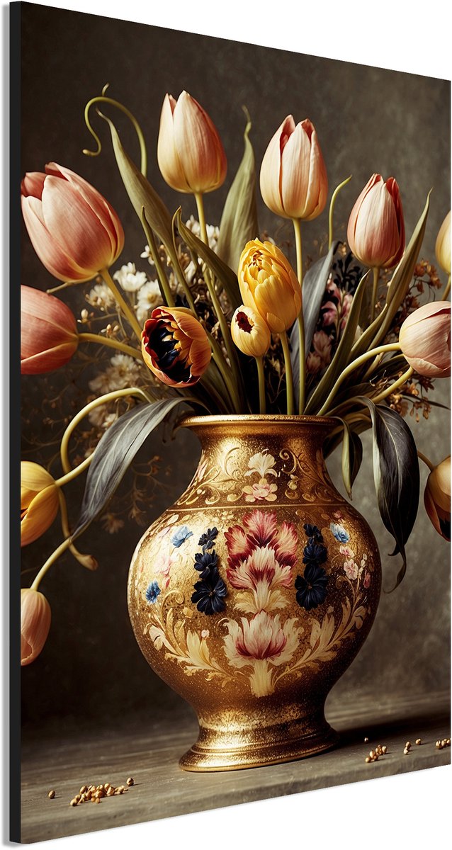 Wanddecoratie Metaal - Aluminium Schilderij Gouden tulpenschilderij - 30 x 20 cm - Vaas - Muurdecoratie woonkamer en slaapkamer - Inclusief ophangsysteem - Klassiek - Modern - Displate alternatief