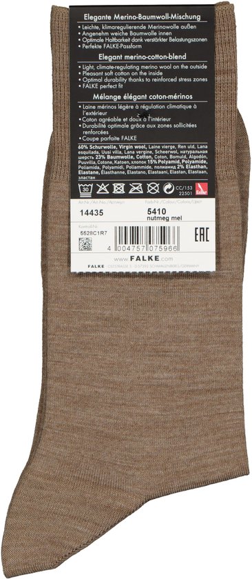 Chaussette Falke marron avec informations produit et instructions de lavage sur l'étiquette.