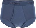 Een blauwgrijze Ten Cate slip met opening aan de voorkant en zwarte merknaam op de tailleband.