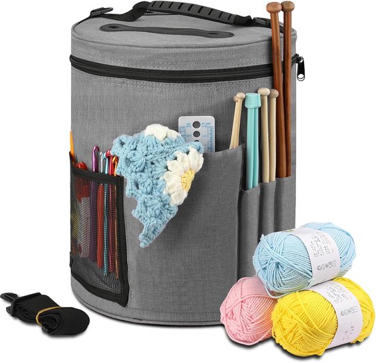 Opbergtas - Haakspullen - Handwerktas - Garentas - Grijs - Draagbaar - Haaktas - Breitas - Breiwol - 27cm x 32cm