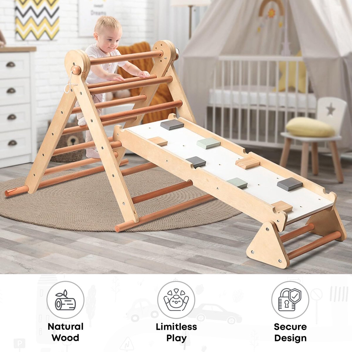 Mamabrum Houten Klimrek - Binnen Speeltuin - 2in1 Rocker, Ladder en Klimmuur, 9 Sporten, Dubbelzijdige Board, Klimladder — afbeelding 7