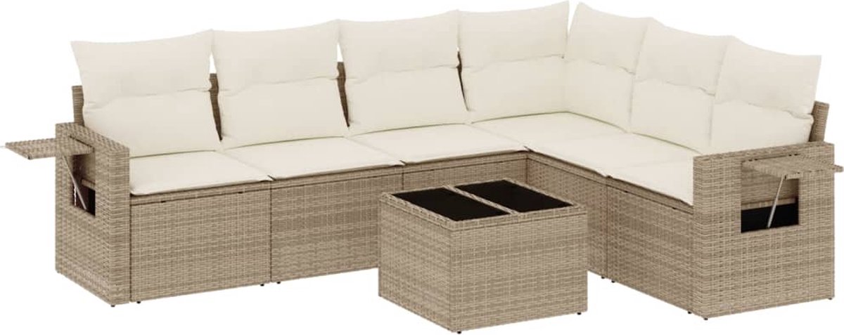 The Living Store 7-delige Loungeset met kussens poly rattan beige - Loungeset - Tuinmeubelen - Lounge Set - Buitendecoratie - Tuinontwerp