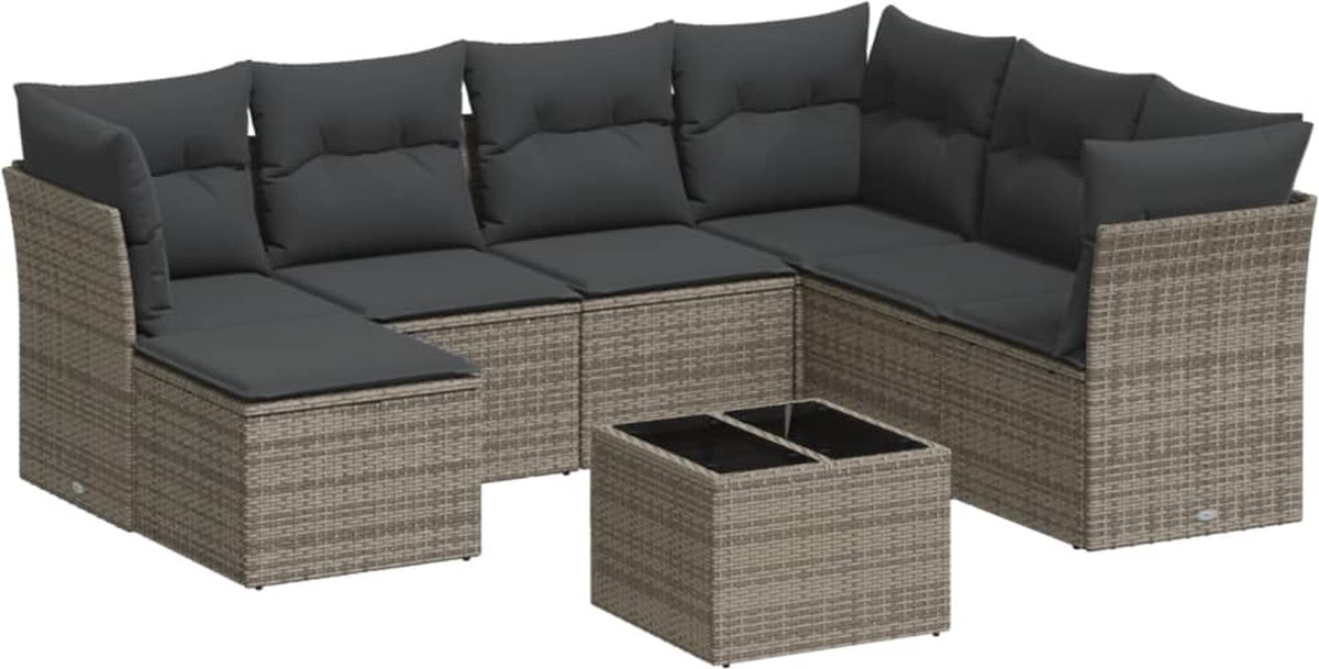 Grijze poly rattan loungeset met kussens voor buiten - Tuinmeubilair.