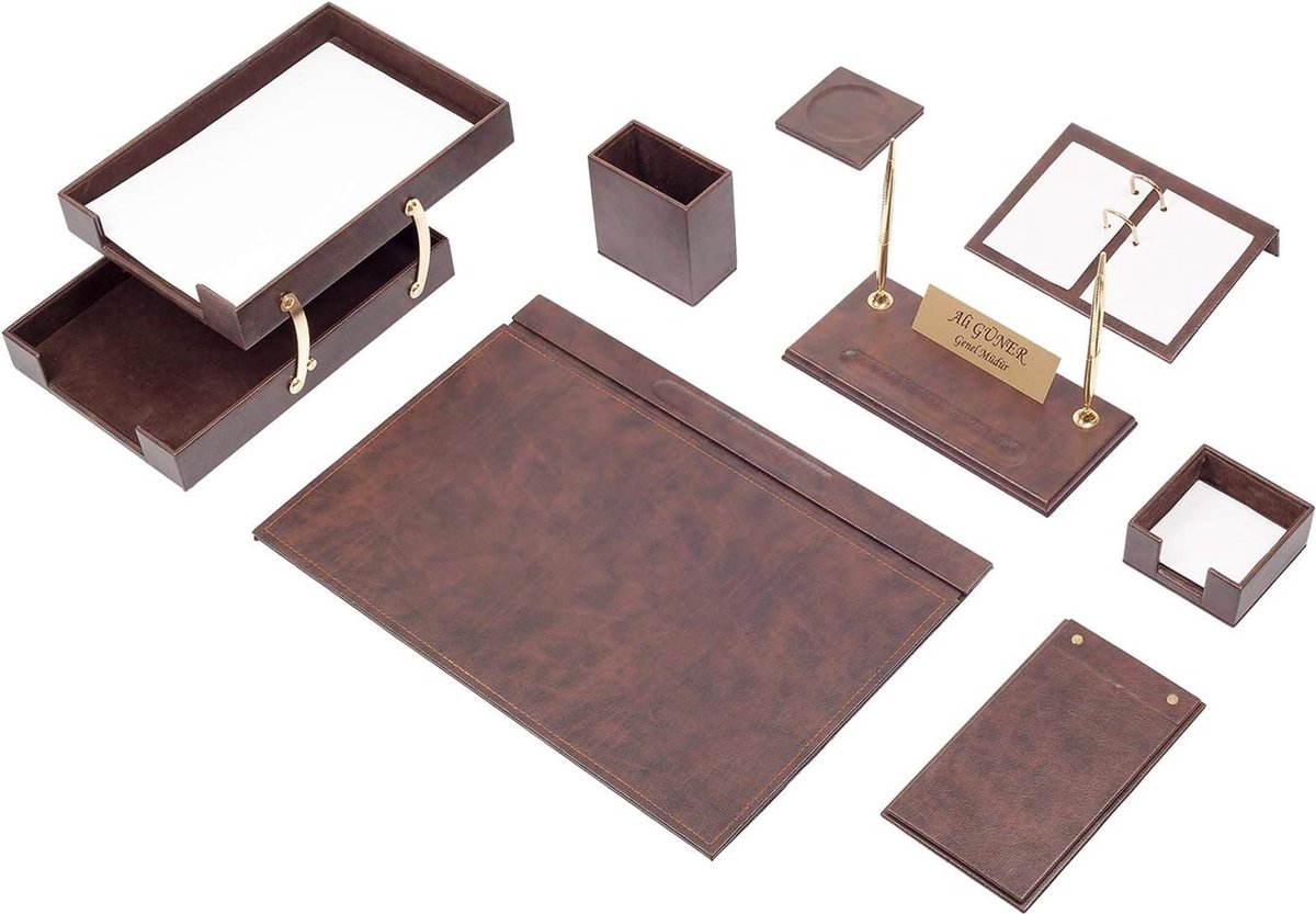 Lederen bureau Set - BRUİN - Bureau accessoires Set - 10 Accessoires - Office Desk Organizer Set - handgemaakte lederen bureau set - Manager Gift