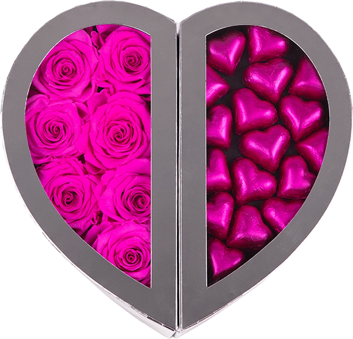 Chocolade box Lois donker roze - Rosuz - Longlife rozen met premium chocolade - Direct in huis!