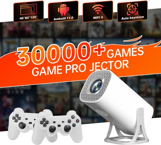 Projector 4K - Beamer - Bluetooth Smart Mini Projector - 180 Graden Rotatie - Wifi 6 Projector - Thuis Bioscoop - Wit - Gaming Projector - 64Gb Android 11 = Tf Kaart - 30000+ games