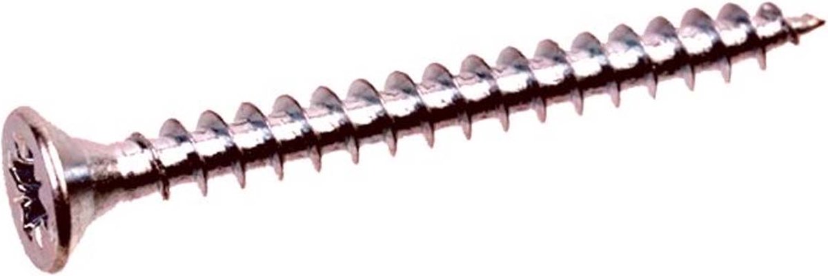 Houtschroef. 4.0 x 16mm. lang. platkop. kruiskop. verzinkt. 100 stuks spaanplaatschroeven. Deltafix.