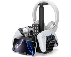 StayPowered Dubbele Controller Houder met Headset Stand - Ruimtebesparende en Stabiele Organisatie - 360° Draaibare Headset Haak - Stevige Controller Houder - Extra Opbergvakken - Antislip Basis - Zwart - Levering Sneller dan Aangegeven!