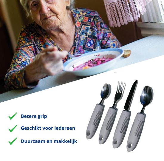 Bestek set - Verdikt handvat - Verdikt bestek - Aangepast bestek - Comfortabele soft grip - Modern - Set - Tril bestek - Grip bestek - Grijs van Able2 — afbeelding 2