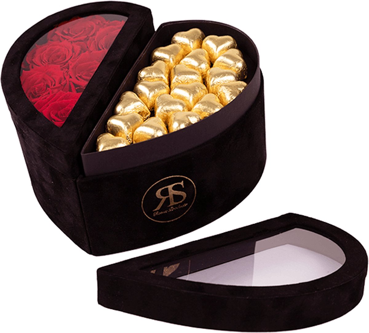 Chocolade box Mary J rood goud - Ruim assortiment aan Luxe & Handgemaakte cadeaus - Verras op een speciale manier - 2 jaar houdbare rozen!