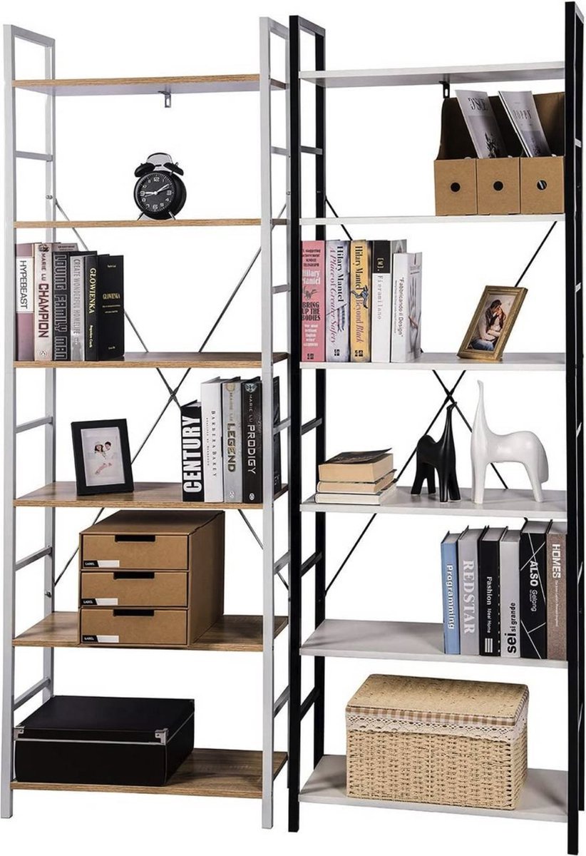 Bolt Edge Boekenkast - Industrieel - Wit/Oak - 6 lagen - Voor woonkamer of slaapkamer