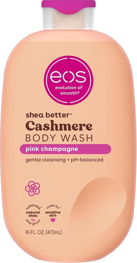 Eos Shea Better Cashmere bodywash, 473 ml, in de geur Pink Champagne, in een perzikkleurige fles met roze en witte accenten.