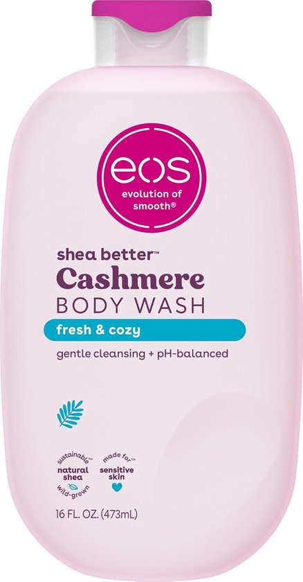 Roze fles met de tekst 'eos shea better Cashmere BODY WASH fresh & cozy'.