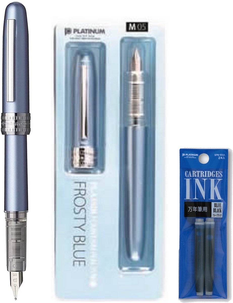 Platinum Japan - Plaisir Fountain Pen - FIJN - Vulpen - FrostyBlue - penpunt: fijn 03 - Met extra navullingen Blauw