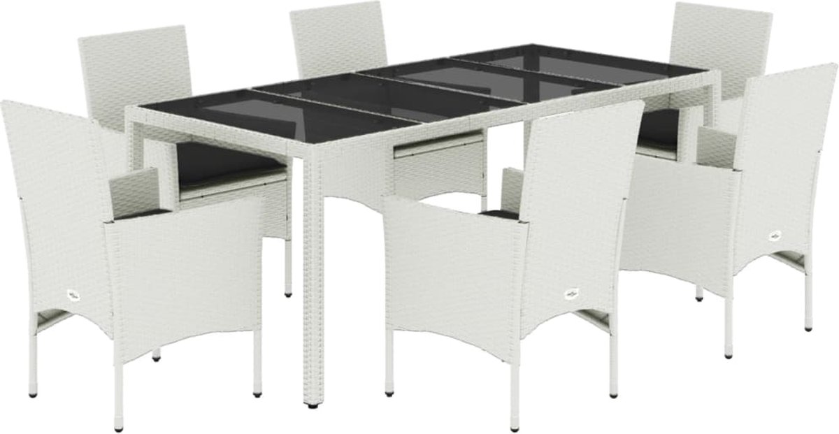The Living Store 7-delige Tuinset met kussens poly rattan en glas wit - Tuinset - Lounge Set - Buis Meubel - Outdoor Furniture - Eetkamerset