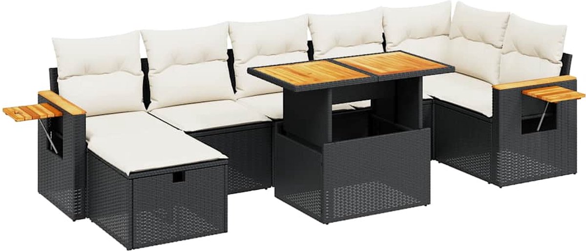 The Living Store 8-delige Loungeset met kussens poly rattan zwart - Loungeset - Tuinmeubels - Lounge Set - PE-rattan - Zwarte Loungebank