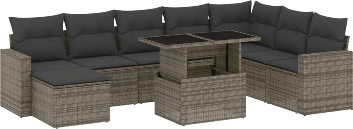 Grijze poly rattan loungeset met kussens voor tuinmeubels en buitendecoratie.