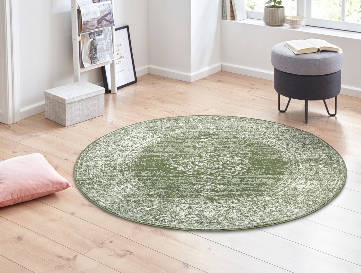 flycarpets Rond Vintage Laagpolig Vloerkleed - Gloria - Groen - 160 cm