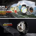 Grijze en witte smartwatches met GPS en kaartfunctie. Een man wandelt in de bergen. Tekst: 'GPS & OUTDOOR SPORTS WATCH'.