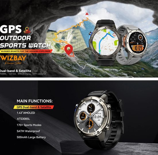 Grijze en witte smartwatches met GPS en kaartfunctie. Een man wandelt in de bergen. Tekst: 'GPS & OUTDOOR SPORTS WATCH'.