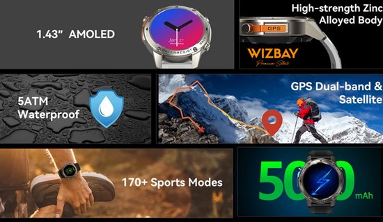 Collage: smartwatch met AMOLED display, GPS, waterdichtheid en functies zoals hartslag en stappen.