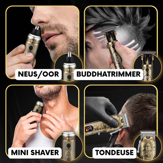 Gouden tondeuse met reliëf, neus/oor trimmer, minishaver en baardtrimmer.