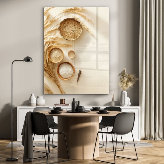 Tableau sur verre MuchoWow® 90x120 cm - Tableau sur verre acrylique - Céréales - Bois - Kom - Beige - Photo sur verre - Décoration murale salon - Décoration murale chambre - Peintures