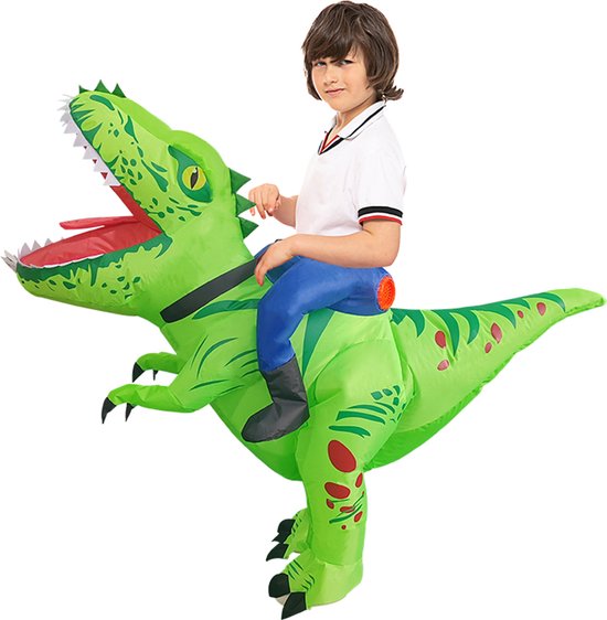 Opblaasbaar dinosauruskostuum voor volwassen kinderen, T-Rex dinosauruskostuums grappig Halloween dinosauruskostuum feest cosplay verkleedkleding mannen vrouwen feest (groene kinderen