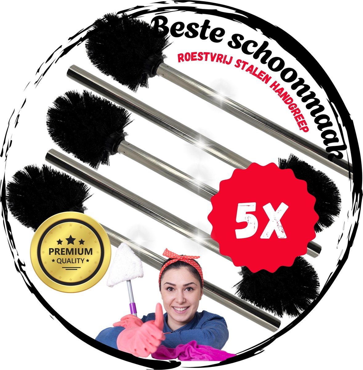 TronicXL 5 stuks Toiletborstel - WC Borstel met RVS Handgreep - Kloborstel Zwart & Zilver Design - Hoogwaardige Reiniging