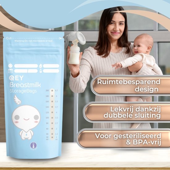 QEY® 120 Stuks Moedermelk Bewaarzakjes – Lekvrij, BPA-vrij & Steriel – Stevig & Plat Ontwerp – Handig Schrijfvlak – Bewaarzakjes voor Borstvoeding – Geschikt voor Vriezer & Koelkast - Blauw