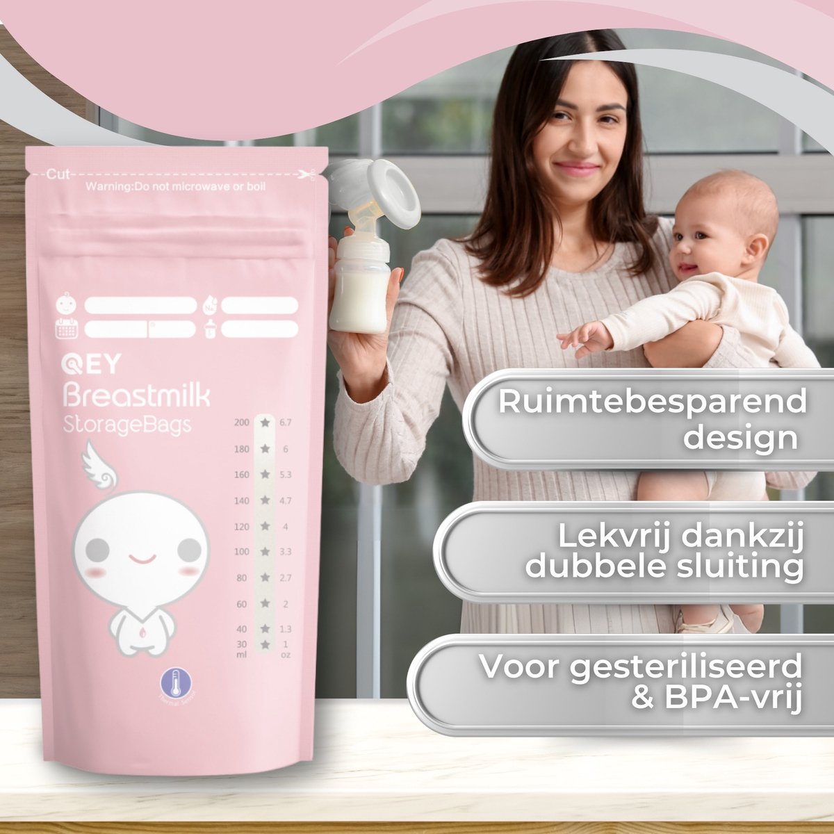 QEY® 120 Stuks Moedermelk Bewaarzakjes – Lekvrij, BPA-vrij & Steriel – Stevig & Plat Ontwerp – Handig Schrijfvlak – Bewaarzakjes voor Borstvoeding – Geschikt voor Vriezer & Koelkast - Roze — afbeelding 5