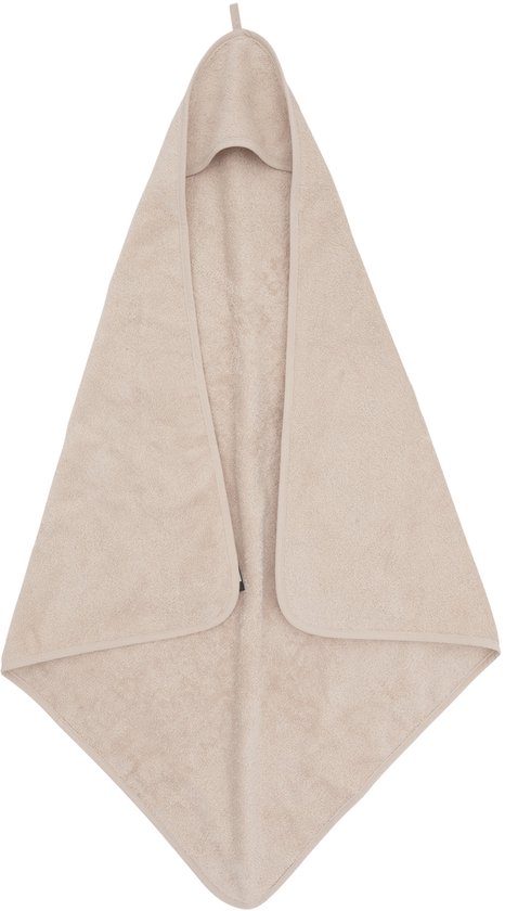 Beige badcape van badstof, hangend met de capuchon naar boven.