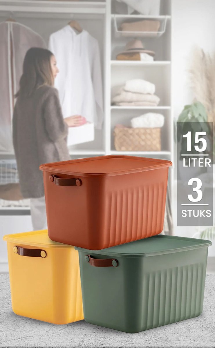 Tobeyz - Opbergbox - Opbergdoos - Opbergmand - 15L BPA-vrije Kunststof Opbergbox met Deksel – Nestelbaar en Stapelbaar – Ideaal voor Badkamer, Keuken en Speelgoedopslag - Geel, Baksteenrood, Groen