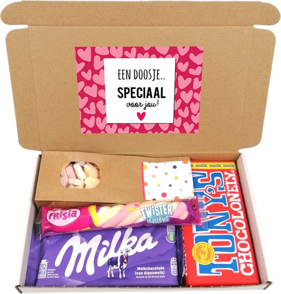 Cadeaupakketje Valentijn "Speciaal voor jou" brievenbus cadeau - Hartjes - Milka chocolade- Tony chocolade - Spek