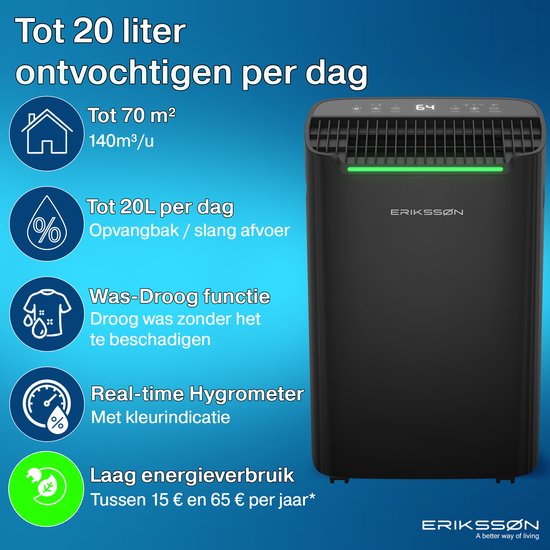 Erikssøn Luchtontvochtiger Dry Pro Plus - Ontvochtigt Tot 20 Liter Per Dag - Was-droog Functie - Geschikt Voor Huis, Slaapkamer , Badkamer , Woonkamer En Kelder - Dehumidifier - Zwart