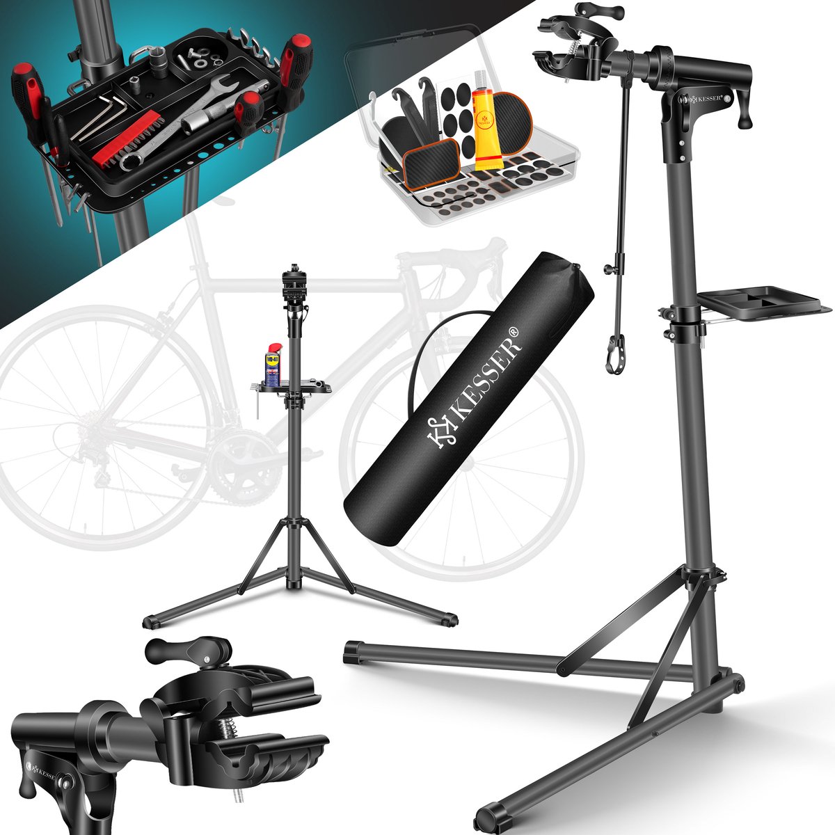 KESSER® Montagestandaard Fiets Reparatiestandaard 360° Draaibaar & Belastbaar tot 25kg | Fietsstandaard Fietslift | Fiets ophangsysteem Montage & reparatie standaard | Fietsstaander Met Draagtas & Fixatiestang - Antraciet