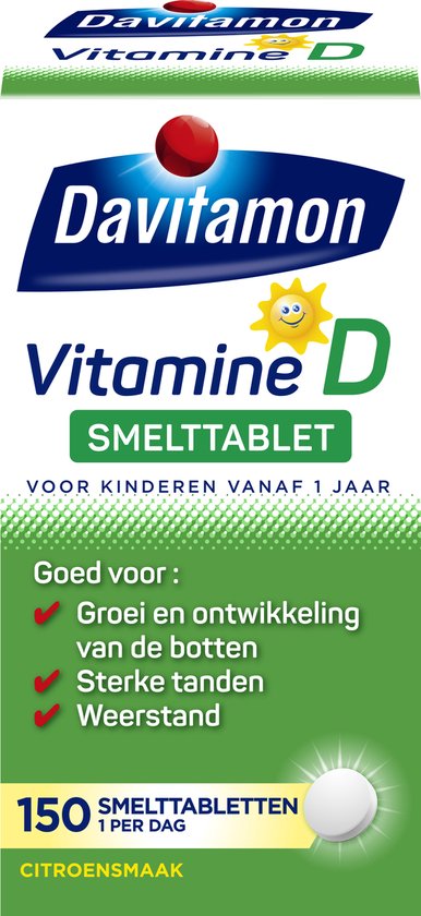 Davitamon Vitamine D, 150 citroensmaak smelttabletten voor kinderen vanaf 1 jaar. Met een zonnetje en de tekst 'Vitamine D'.