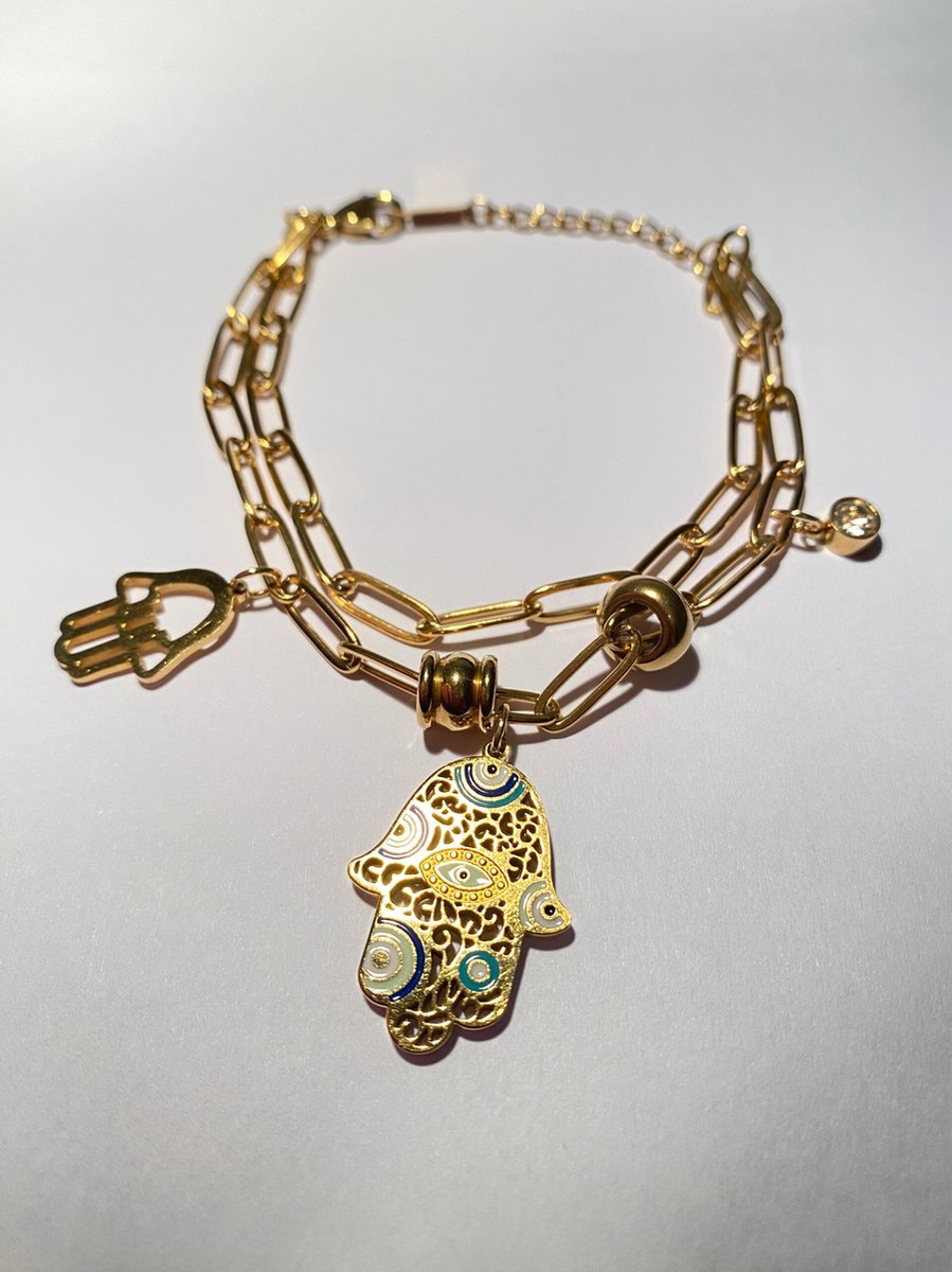 Luxe dubbele armband met hamsa hand - costum made bracelet - stainless steel - waterproof - kleur goud - 5 bedels - bescherming - geluk - cadeau idee valentijn - moederdag