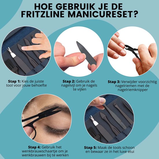 Stapsgewijze uitleg voor het gebruik van de Fritzline manicureset, inclusief het kiezen van tools, vijlen, knippen en reinigen.