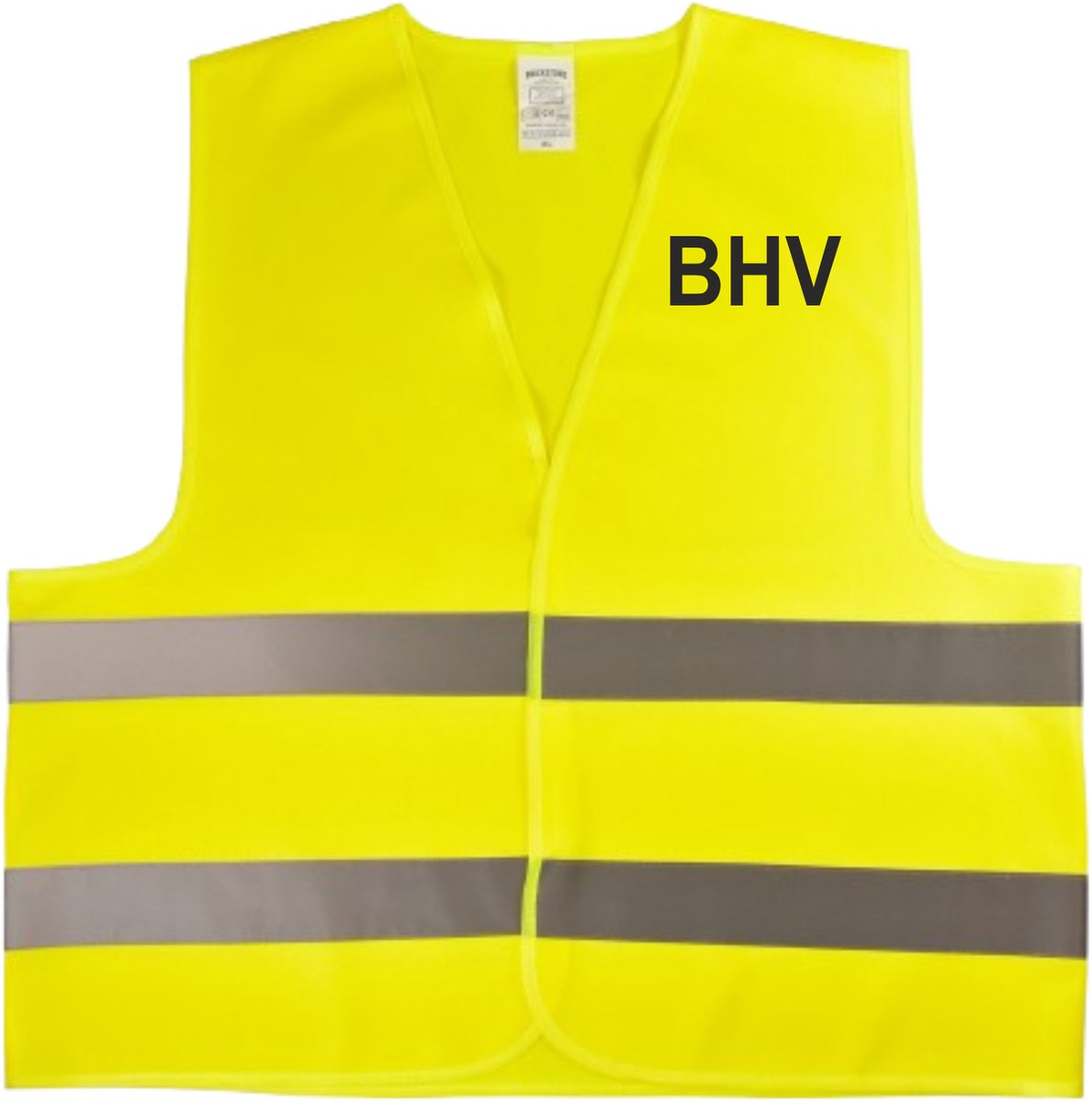 Hesje BHV fluor geel met reflectiestrepen bedrukt aan voor en achterzijde met BHV van Shirtmakelaar