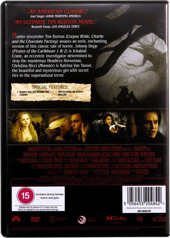 Achterkant van de DVD-hoes van Sleepy Hollow met Johnny Depp en Christina Ricci. Bevat tekst over de film en speciale functies.